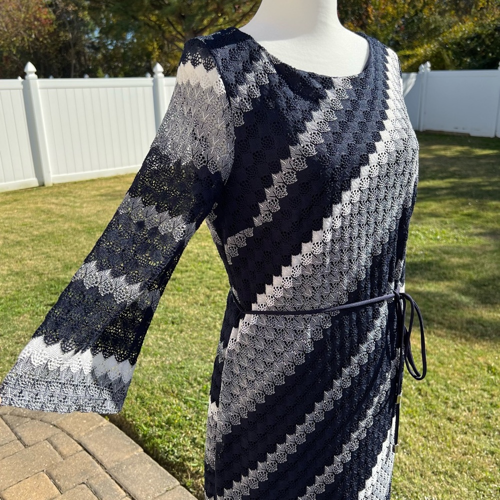 Navy Blue/Gray/White Striped Midi Dress with Unlined Bell Sleeves NWT Sz 10